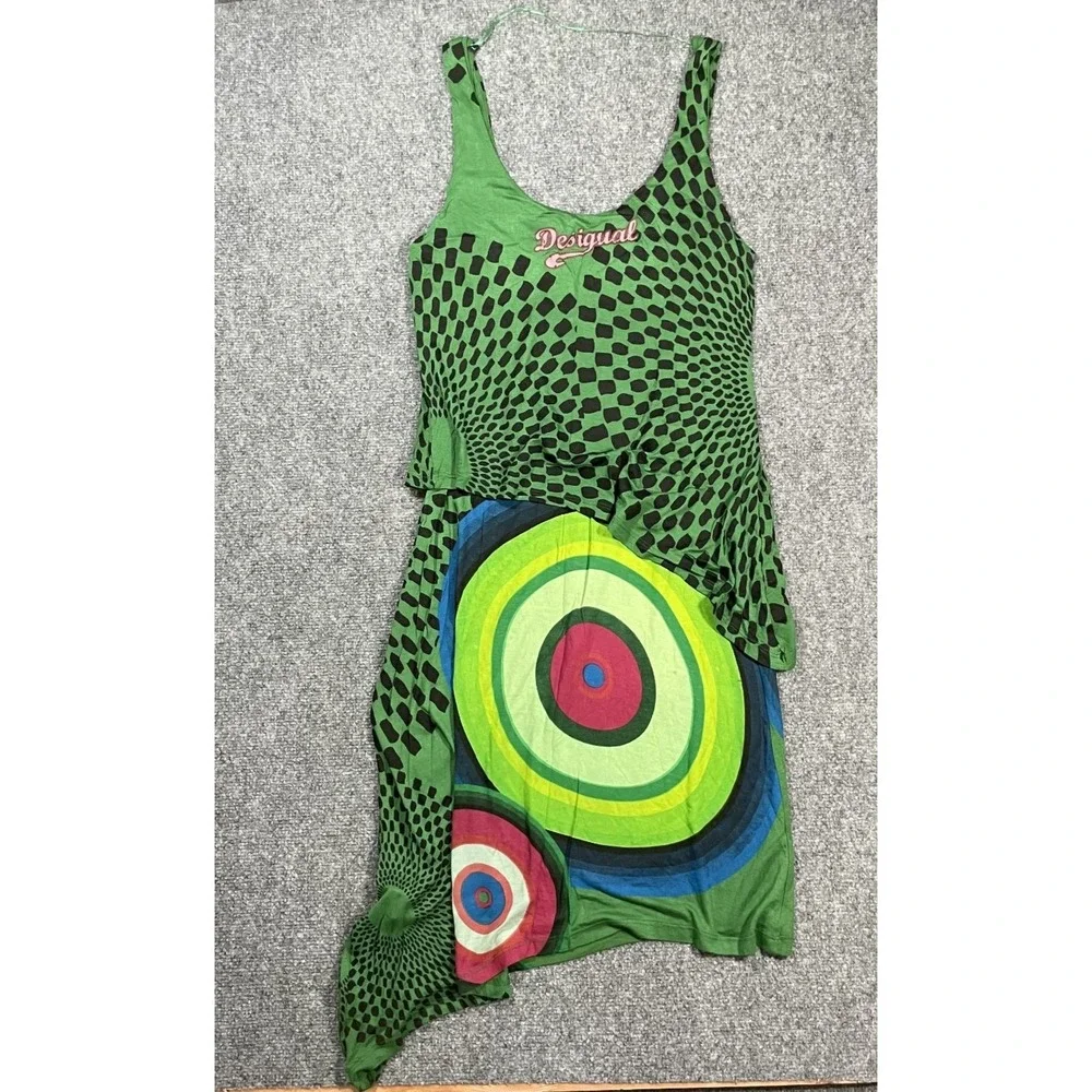Desigual Tank Dress Size Large Assymetrical Hem Beaded Checkered Print Colorful - Picture 3 of 11